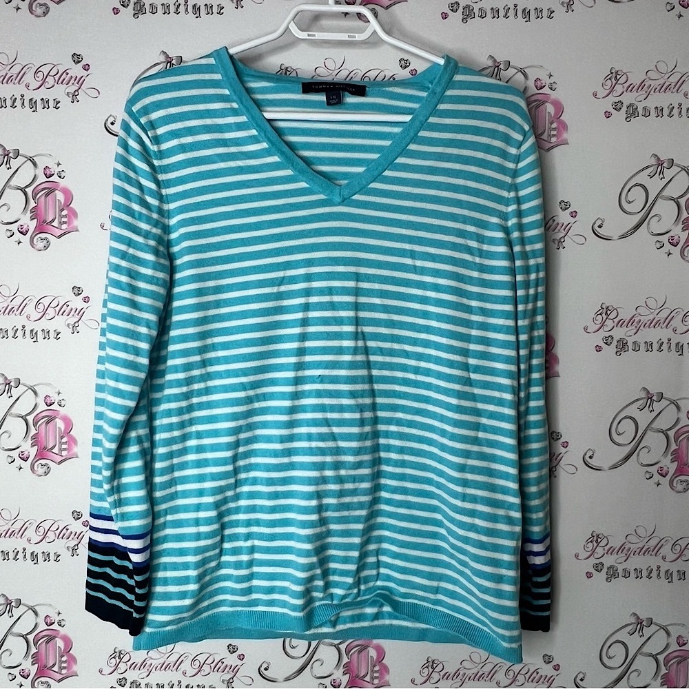 Tommy Hilfiger Striped V-Neck Sweater Blue white long sleeve